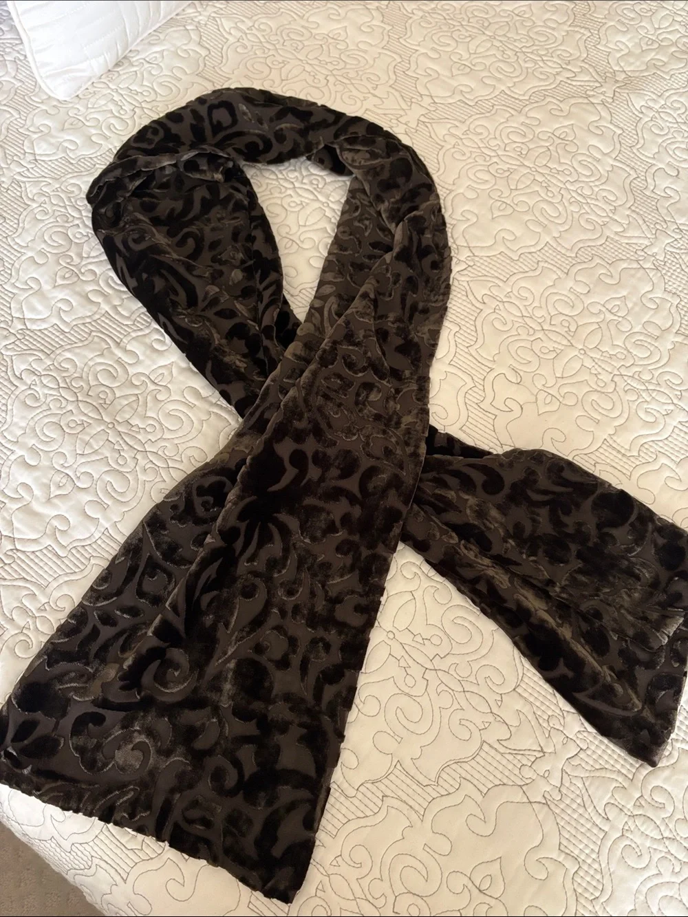 Summer Tompkins vintage Brown Velvet Flocked Scarf with Damask Pattern